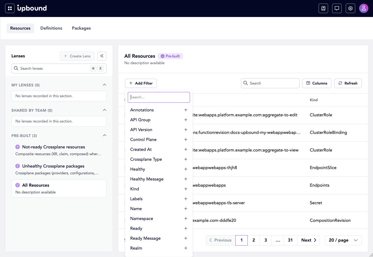 The Add Filter menu listing filterable resource fields